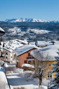 福尔加里亚Rothaus的一座被雪覆盖的小镇,以群山为背景