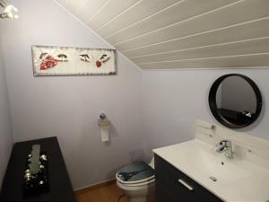 Tilleuxchambre d hôtes à la campagne的一间带水槽、镜子和卫生间的浴室