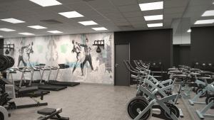 布达佩斯Barceló Budapest的一间健身房,里面设有数排跑步机和举重器材