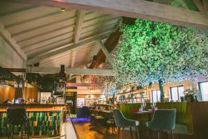 巴利米纳Galgorm的一间带桌椅和绿色天花板的餐厅