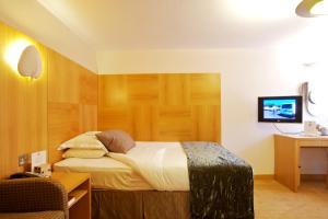 斯劳松林酒店的一间卧室配有一张床,墙上配有电视