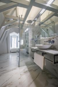 布拉格瓦尔德施泰因酒店的白色的浴室设有水槽和淋浴。