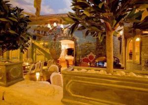庞特普里德The Blueberry Hotel的一间棕榈树和用餐区的客厅