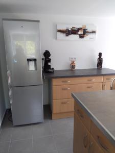 莫列马阿Appartement T2的厨房配有不锈钢冰箱和木制橱柜