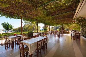 PreveliDionyssos Rooms Preveli Crete的一间空餐厅,配有桌椅和树木
