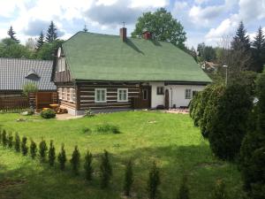 哈拉霍夫Rodinná chalupa jen pro sebe的一座带绿色屋顶的小木房子