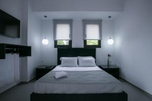 圣尼古拉奥斯Anemos Luxury Apartments的一间卧室设有一张大床和两个窗户
