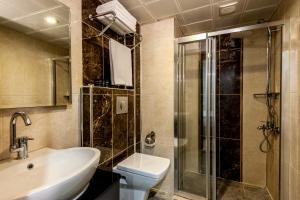 伊斯坦布尔阿宫殿套房公寓式酒店的浴室配有卫生间、盥洗盆和淋浴。
