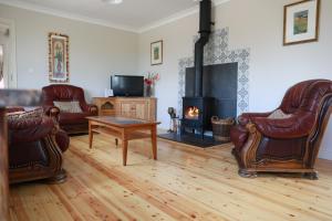 卡斯尔布莱尼Alices Loft & Cottages的客厅配有真皮座椅和壁炉