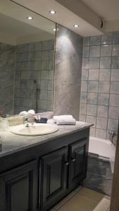 卢恰纳Hôtel Les Jardins的浴室配有盥洗盆、镜子和浴缸