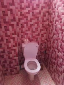 塔鲁丹特Hotel la belle vue 2100m的浴室设有卫生间,位于粉红色的瓷砖墙内