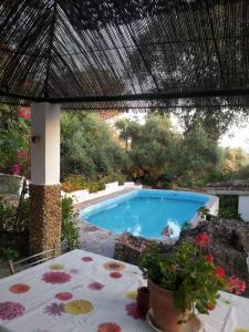 埃尔博斯克CASA EL CERRO的院子里的游泳池,带花桌