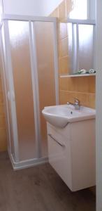 曼杜里亚Felline House的白色的浴室设有水槽和淋浴。