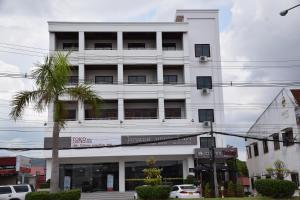 巴色Nakhone Champa Hotel的一座白色的建筑,前面有棕榈树
