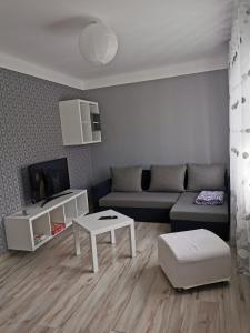 包斯卡Dzīvoklis Vecpilsētā的客厅配有沙发和桌子