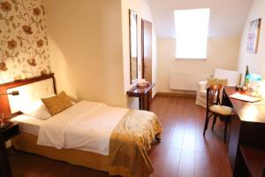 巴德克洛斯特尔劳斯尼茨匹尔萨酒店的配有一张床、一张书桌和一扇窗户的酒店客房