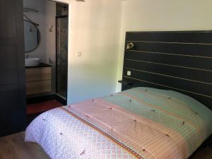 巴约讷Euskal etxea的一间卧室配有一张带黑色床头板和水槽的床。