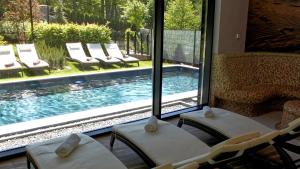 索波特索波特酒店的一间带椅子的房间和一个带窗户的游泳池
