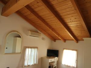 Carmignano di BrentaB&B Primula House的客厅设有木制天花板和电视。