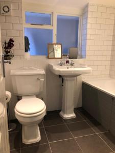 诺里奇A quaint Wymondham cottage的浴室配有卫生间、盥洗盆和浴缸。