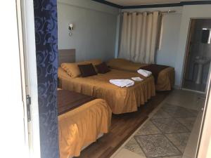 乌尤尼希尔乌尤尼旅舍的一间卧室设有两张床、一个窗口和一扇门