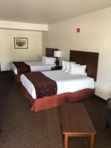 加德纳黄石大岩宾馆的酒店客房设有两张床和一张桌子。