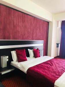 蒂米什瓦拉安格里斯酒店的酒店客房配有一张带红色枕头的大床