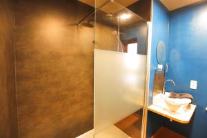斯塔沃洛ô ChÔmière的带淋浴、水槽和镜子的浴室