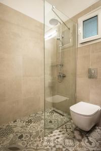 雅莎尼奥Aloni Studios & Apartments的一间带卫生间和玻璃淋浴间的浴室