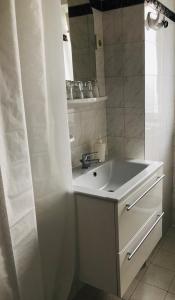 布达佩斯Kis Gellért Guesthouse的白色的浴室设有水槽和镜子