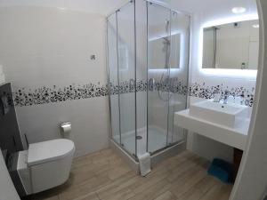 米兹多洛杰Horyzont 201的带淋浴、卫生间和盥洗盆的浴室
