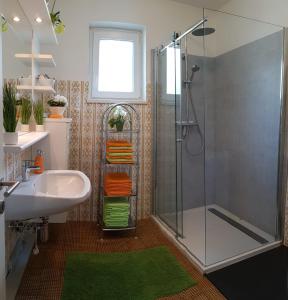 塞博登Appartment Bürger-Hinteregger的带淋浴、水槽和玻璃淋浴间的浴室