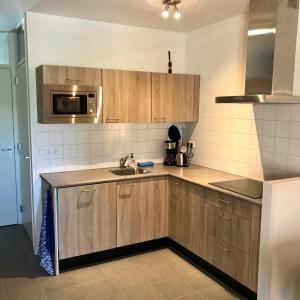 赫鲁斯贝克Camping Lagewald Vakantiehuis的厨房配有木制橱柜、水槽和微波炉