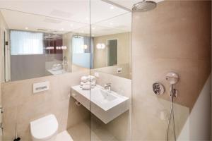 汉诺威蒂伦广场城市酒店的一间带水槽和玻璃淋浴的浴室