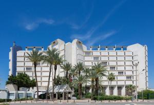 提比里亚太巴列所罗门王酒店的一座白色的大建筑,前面有棕榈树