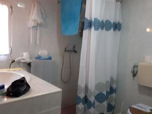 托雷圣乔万尼乌Villino Dodò的浴室配有淋浴帘和盥洗盆。