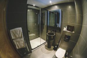 爱丁堡MONO Suites Old Town的带淋浴、卫生间和镜子的浴室
