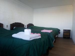 Isla de SolLas Cabañas Lodge的两张带绿床单和一卷卫生纸的床