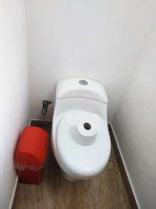 库斯科Anais y Nicolas Hostel Cusco的浴室里设有白色的厕所,有红色的垃圾桶
