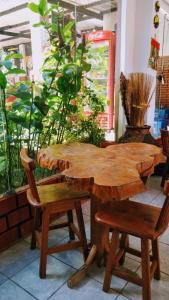 博尼托Pousada do Gordo的一张木桌和两把椅子,一张桌子和一株植物