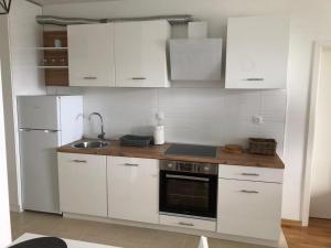 萨格勒布Apartman STAR的厨房配有白色橱柜、水槽和冰箱。