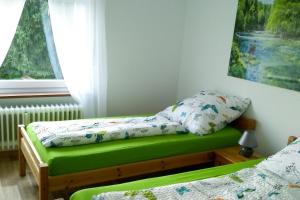 瓦尔德基尔希Ferienwohnung Am Eichbühl的一间卧室配有一张带绿色床垫的床和窗户。