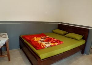 布罗莫Homestay Anggun Bromo的一张床上有绿色和红色的毯子