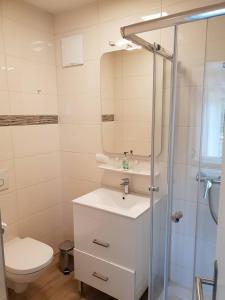 沃尔特湖畔佩莎赫卡拉克里尼格公寓的浴室配有卫生间、盥洗盆和淋浴。