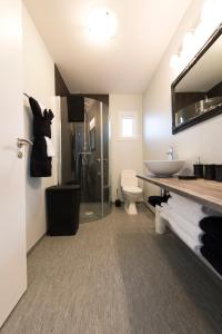 Hraunmörk冰岛度假屋的一间带水槽、卫生间和淋浴的浴室