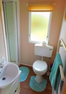 斯沃尼奇Swanage Bay View caravan的一间带卫生间、水槽和窗户的浴室