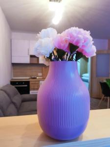 博维茨Apartma F&M的一张桌子上带粉红色花的紫花瓶