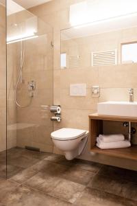 安斯巴赫Rossano Boutique Hotel & Ristorante的浴室配有卫生间、盥洗盆和淋浴。