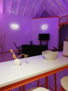 大博格Résidence Clémentine Villa Passion的紫色的房间,桌子上放着碗
