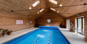 新罗斯Kilmokea Country Manor & Gardens的一座带木制天花板的大型室内游泳池